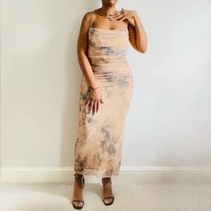 Zara sand printed draped tulle midi dress